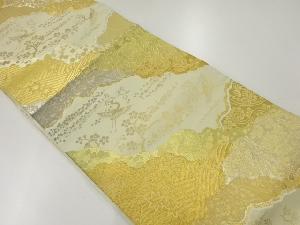 リサイクル　川島織物製　流水に花唐草・鶴模様織出し袋帯